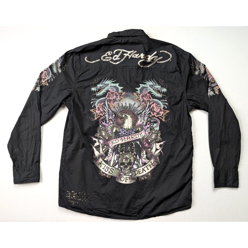 Ed Hardy Button Down Shirt Mens XL Black Kiss of Death Long Sleeve Embellished
